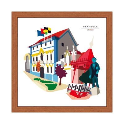 Ilustração colorida de casa, bandeiras, estátua e monumento com texto GRÂNDOLA