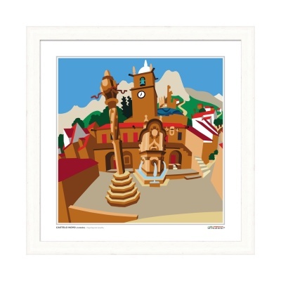 Ilustração estilizada de praça com torre do relógio e fonte