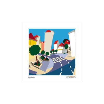 Ilustração gráfica colorida de uma rua urbana com edifícios, árvores e estrada