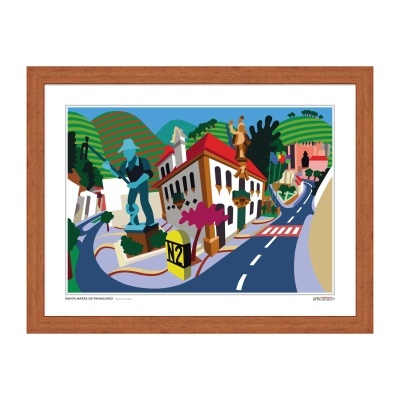 Ilustração colorida de Santa Marta de Penaguião com estátua, edifício e paisagem em moldura castanha