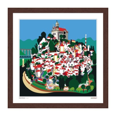 Quadro decorativo com vila estilizada de casas brancas e telhados vermelhos e vegetação