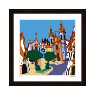 Ilustração de cidade com estátua e edifícios históricos, moldura preta