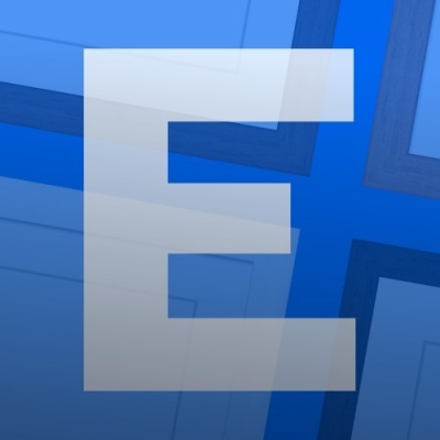 Letra E translúcida sobre quadros azuis e cinza