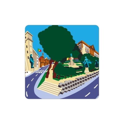 Ilustração de parque urbano com estátuas, árvores, edifícios históricos e bandeira de Portugal