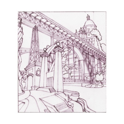 Desenho a lápis de uma ponte com arcos e edifícios ao fundo