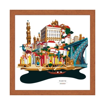 Ilustração colorida da cidade do Porto em quadro com moldura castanha.