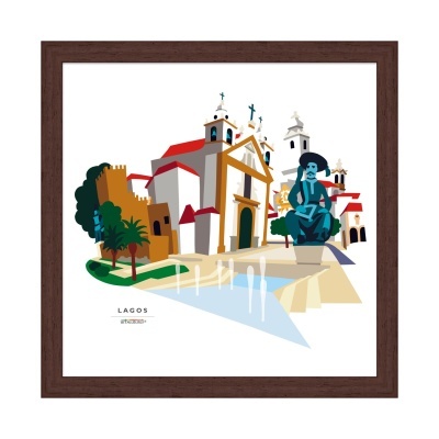 Ilustração gráfica colorida emoldurada de Lagos com igrejas e estátua