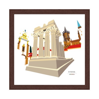 Ilustração decorativa do Templo Romano de Évora em moldura castanha
