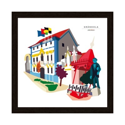 Ilustração gráfica colorida de edifício, árvores e escultura com texto GRÁNDOLA UMA CIDADE TEM