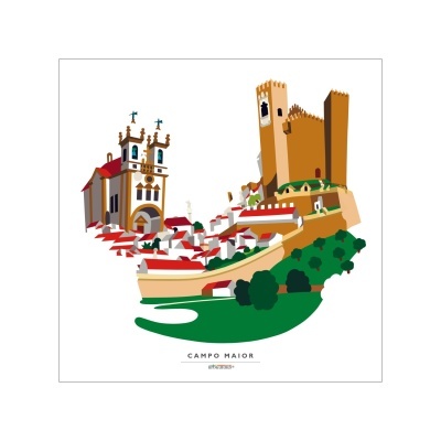 Ilustração colorida de Campo Maior com castelo e casas