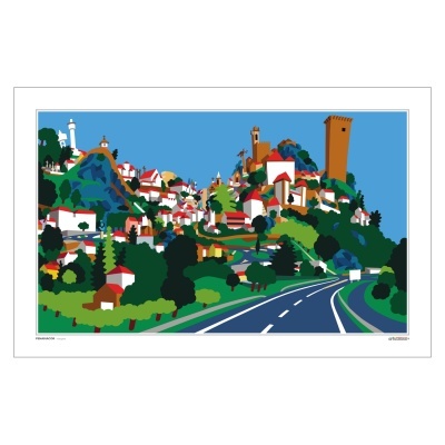 Ilustração colorida de uma aldeia em colina com casas e estrada