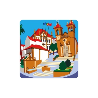 Ilustração de praça com escadarias, fonte, árvores e edifícios históricos com bandeiras