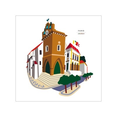 Ilustração digital de edifício histórico em Faro com torre castanha, escadaria e árvores