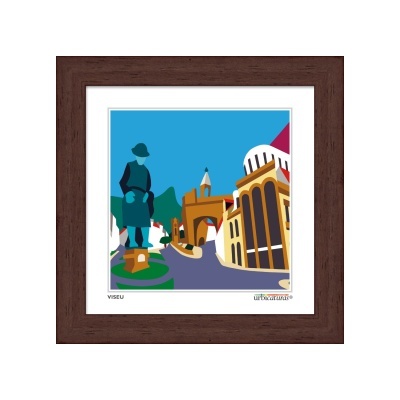 Quadro decorativo com estátua e edifícios em azul com moldura castanha