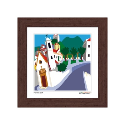 Quadro ilustrativo de vila com casas brancas e telhados vermelhos em moldura castanha