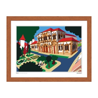 Ilustração colorida de edifício clássico com telhado vermelho e jardim, em moldura castanha.