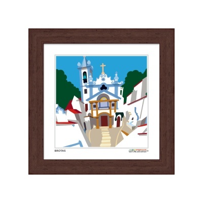 Quadro emoldurado com imagem digital estilizada de igreja branca com detalhes azuis e cruz dourada