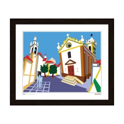 Ilustração estilizada de igrejas coloridas e praça com fonte