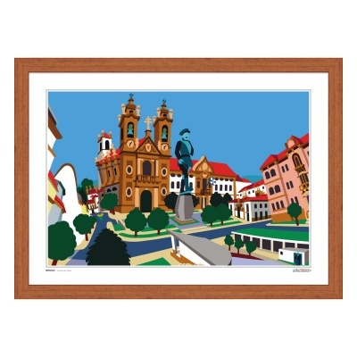 Ilustração colorida de praça histórica com estátua, árvores e edifícios, moldura de madeira