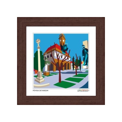 Ilustração colorida de Póvoa de Varzim em quadro com moldura castanha