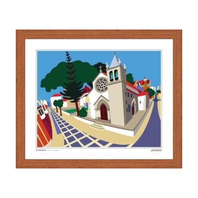 Impressão artística de igreja em moldura de madeira clara