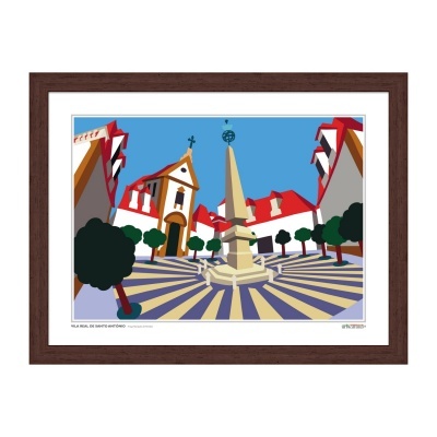 Ilustração colorida de praça com obelisco, árvores e edifícios com telhados vermelhos