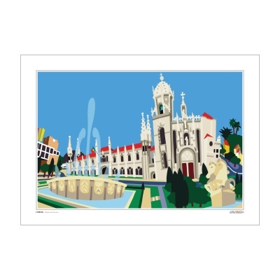 Ilustração do Mosteiro dos Jerónimos em Lisboa com fontes e estátuas