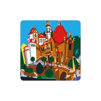 Ilustração colorida de um edifício histórico com cúpula vermelha e árvores verdes