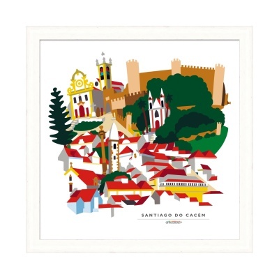 Ilustração arquitetônica de Santiago do Cacém com elementos históricos e telhados vermelhos