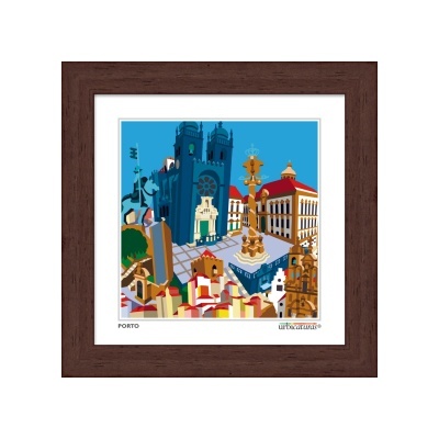 Ilustração colorida da cidade do Porto em quadro com moldura castanha de madeira