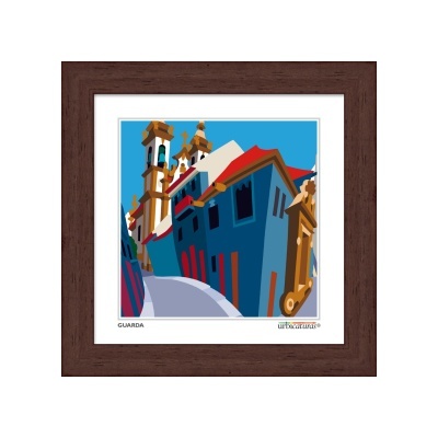 Quadro com ilustração colorida de edifícios e texto 'GUARDA'