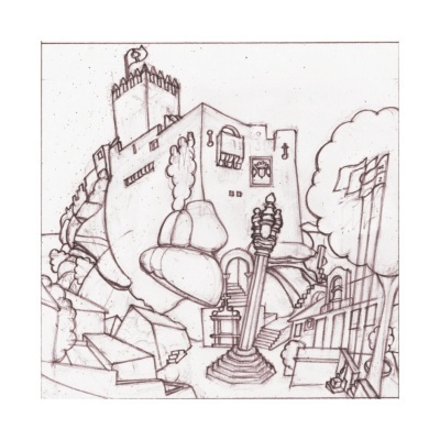 Desenho a lápis de um castelo com torre, janelas, bandeira, árvores e escadaria.