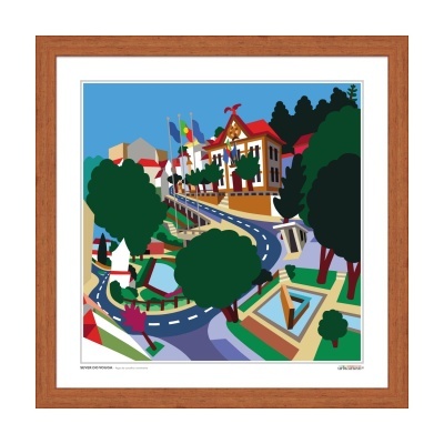 Serigrafia colorida com moldura de madeira mostrando paisagem urbana estilizada