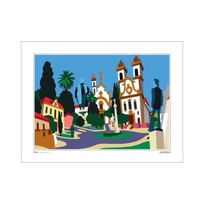 Ilustração artística de praça histórica com árvores e estátuas