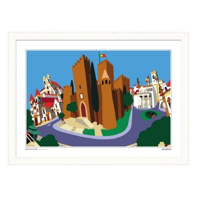 Ilustração colorida de um castelo medieval com bandeira de Portugal