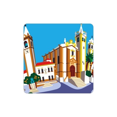 Ilustração colorida digital de edifícios históricos com torres e escadarias em fundo azul claro.