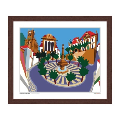 Ilustração de praça com fonte central, árvores e edifícios, moldura castanha