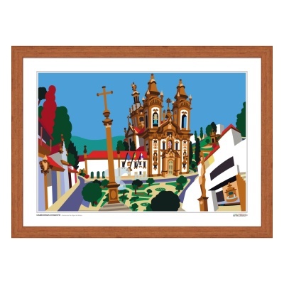 Quadro ilustrativo de igreja barroca com moldura castanha