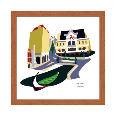 Ilustração colorida da cidade de Aveiro com edifícios e barco em canal