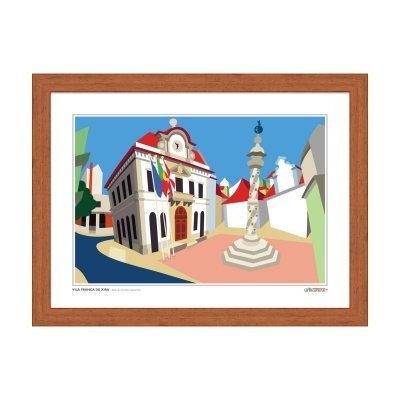 Desenho colorido da vila francesa de Juana em moldura de madeira