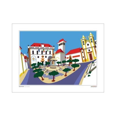 Ilustração digital de praça com fontes, árvores e edifícios com telhados vermelhos