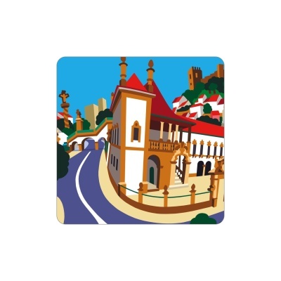 Ilustração de casa tradicional com telhado vermelho, estrada azul e castelo ao fundo