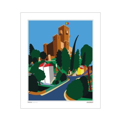 Ilustração colorida de castelo português com árvores e estrada