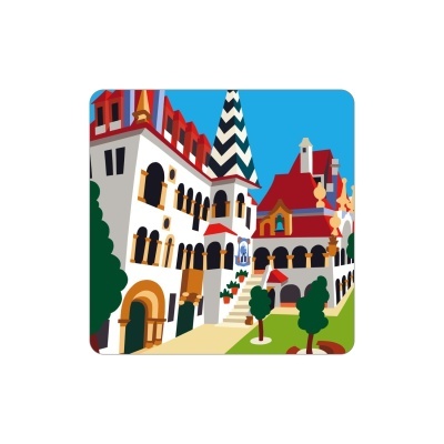 Desenho colorido de edifício tradicional com torre em ziguezague e jardim