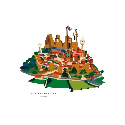 Ilustração colorida do Castelo Rodrigo com torres e bandeiras