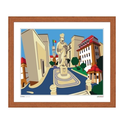 Ilustração colorida de estátua numa praça com edifícios e bandeira de Portugal ao fundo