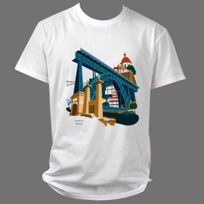 T-shirt branca com estampa colorida de ponte e arquitetura