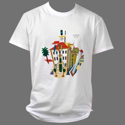Camiseta branca com estampa artística colorida de edifícios e palmeira