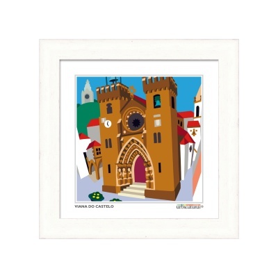 Ilustração colorida de catedral em moldura branca