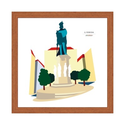 Gravura emoldurada com ilustração de estátua azul em Lisboa com árvores e edifícios amarelos